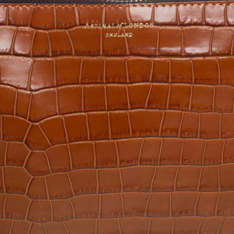Pre Owned Aspinal Of London Brown Croc Embossed Leather Soho Wristlet Clutch