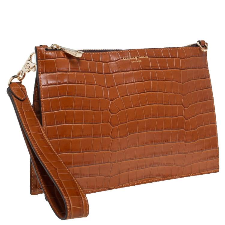 Pre Owned Aspinal Of London Brown Croc Embossed Leather Soho Wristlet Clutch