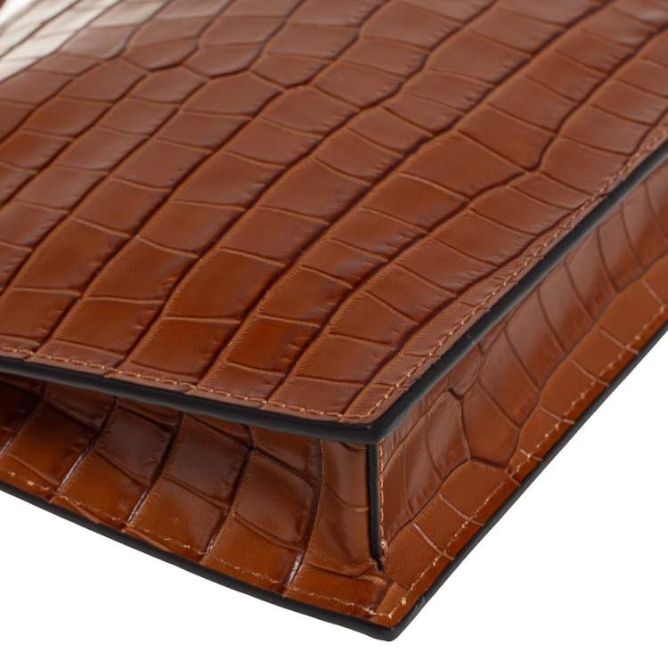 Pre Owned Aspinal Of London Brown Croc Embossed Leather Soho Wristlet Clutch