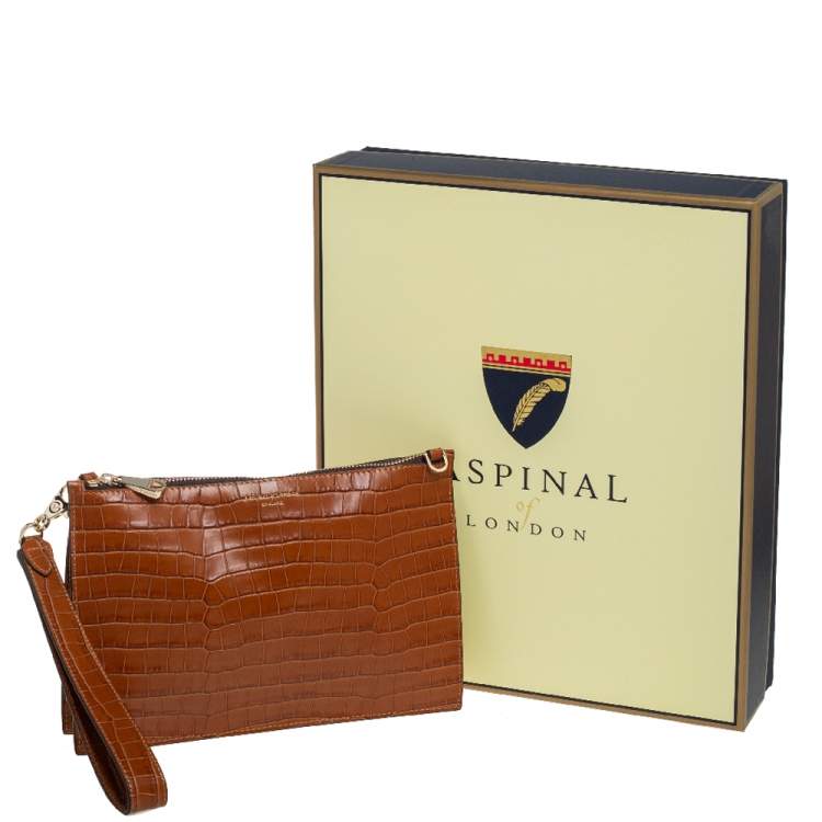 Pre Owned Aspinal Of London Brown Croc Embossed Leather Soho Wristlet Clutch
