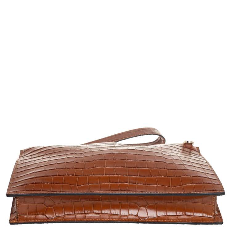 Pre Owned Aspinal Of London Brown Croc Embossed Leather Soho Wristlet Clutch