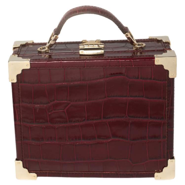 Pre Owned Aspinal Of London Burgundy Croc Embossed Leather Trunk Top Handle Bag
