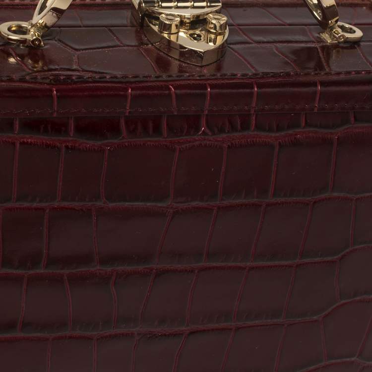 Pre Owned Aspinal Of London Burgundy Croc Embossed Leather Trunk Top Handle Bag