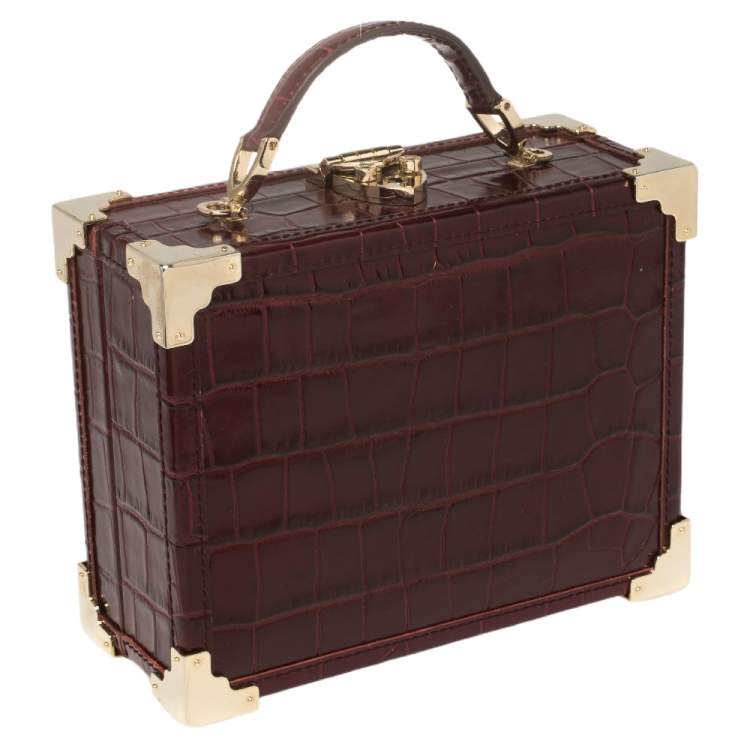 Pre Owned Aspinal Of London Burgundy Croc Embossed Leather Trunk Top Handle Bag