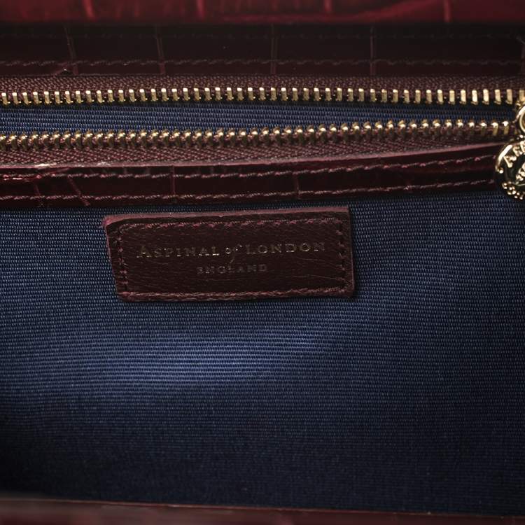 Pre Owned Aspinal Of London Burgundy Croc Embossed Leather Trunk Top Handle Bag