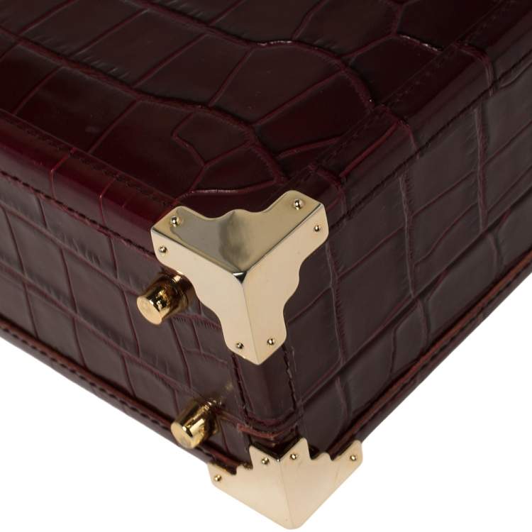 Pre Owned Aspinal Of London Burgundy Croc Embossed Leather Trunk Top Handle Bag