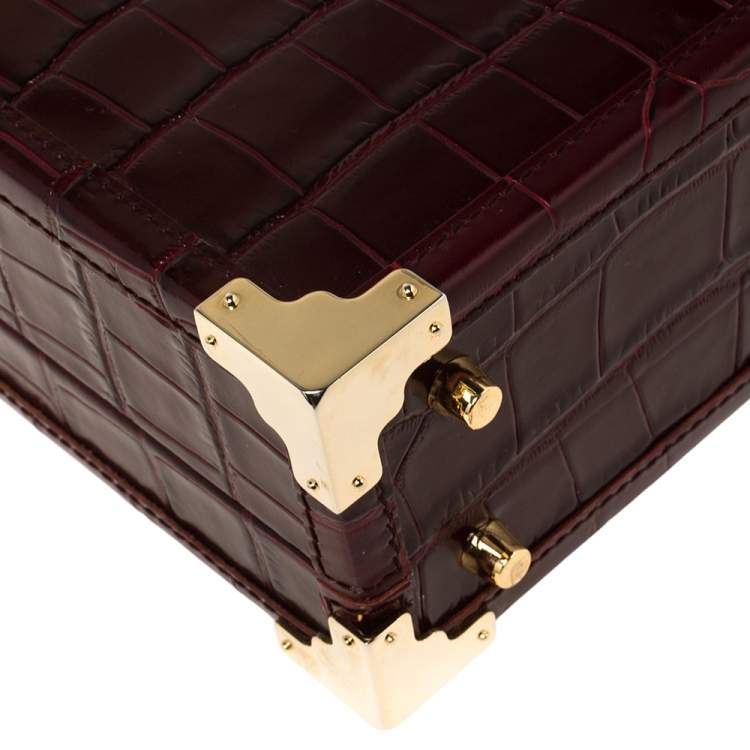 Pre Owned Aspinal Of London Burgundy Croc Embossed Leather Trunk Top Handle Bag
