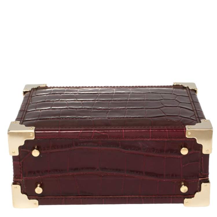 Pre Owned Aspinal Of London Burgundy Croc Embossed Leather Trunk Top Handle Bag