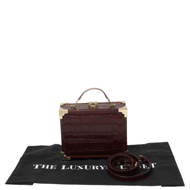 Pre Owned Aspinal Of London Burgundy Croc Embossed Leather Trunk Top Handle Bag