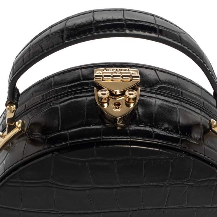 Pre Owned Aspinal Of London Black Croc Embossed Leather Hat Box Shoulder Bag