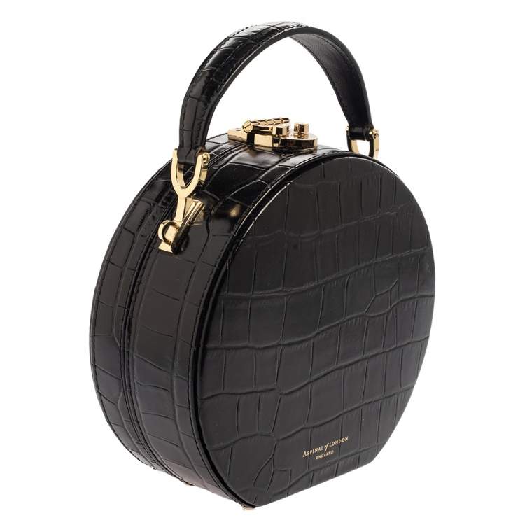Pre Owned Aspinal Of London Black Croc Embossed Leather Hat Box Shoulder Bag