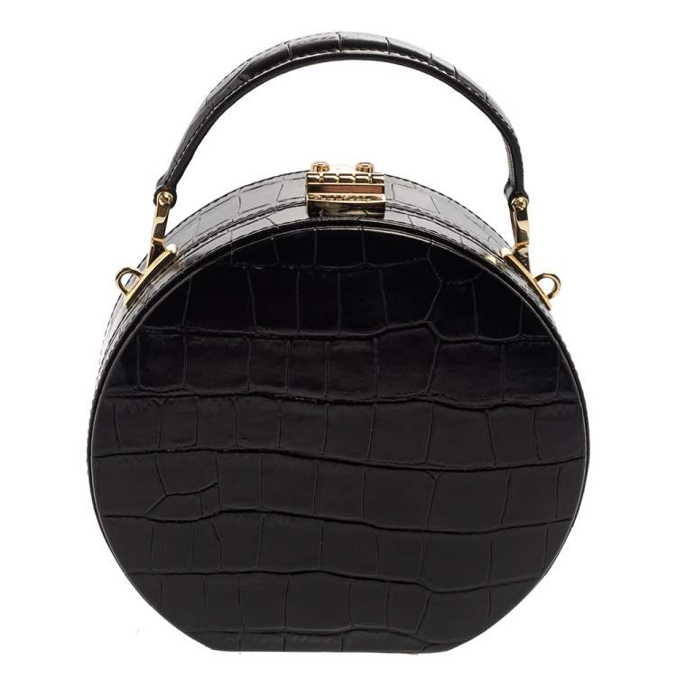 Pre Owned Aspinal Of London Black Croc Embossed Leather Hat Box Shoulder Bag