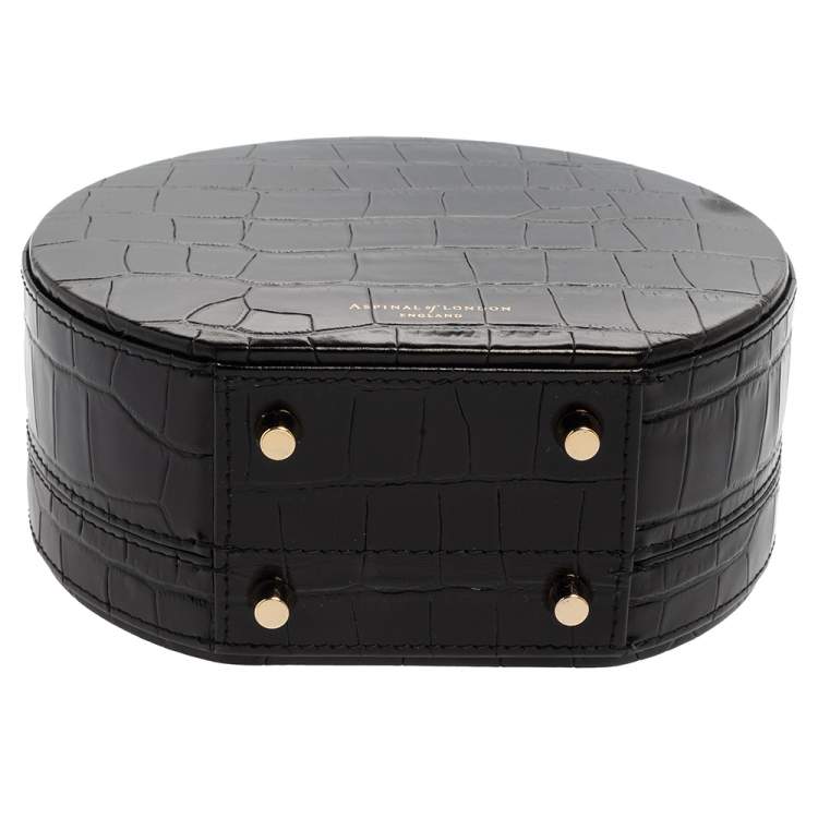 Pre Owned Aspinal Of London Black Croc Embossed Leather Hat Box Shoulder Bag