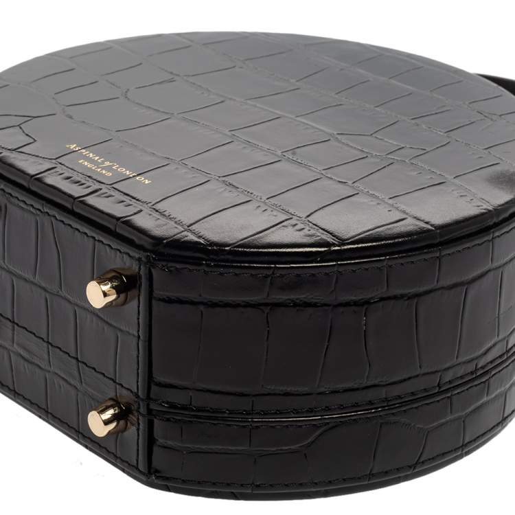Pre Owned Aspinal Of London Black Croc Embossed Leather Hat Box Shoulder Bag