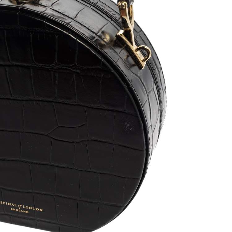 Pre Owned Aspinal Of London Black Croc Embossed Leather Hat Box Shoulder Bag