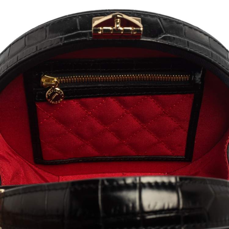 Pre Owned Aspinal Of London Black Croc Embossed Leather Hat Box Shoulder Bag