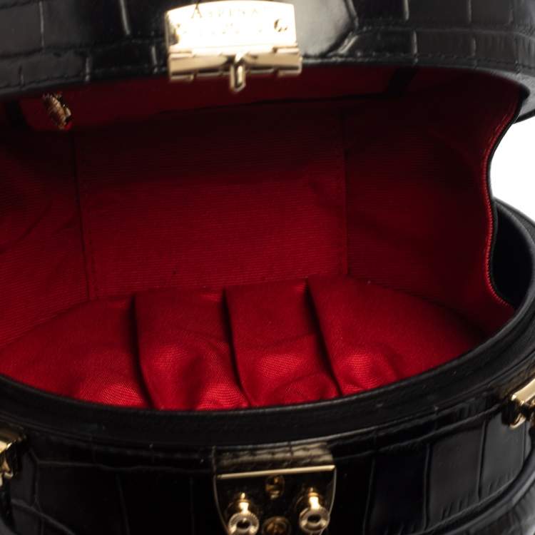 Pre Owned Aspinal Of London Black Croc Embossed Leather Hat Box Shoulder Bag