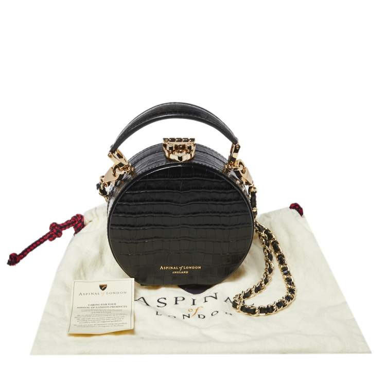 Pre Owned Aspinal Of London Black Croc Embossed Leather Hat Box Shoulder Bag