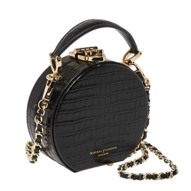 Pre Owned Aspinal Of London Black Croc Embossed Leather Hat Box Shoulder Bag