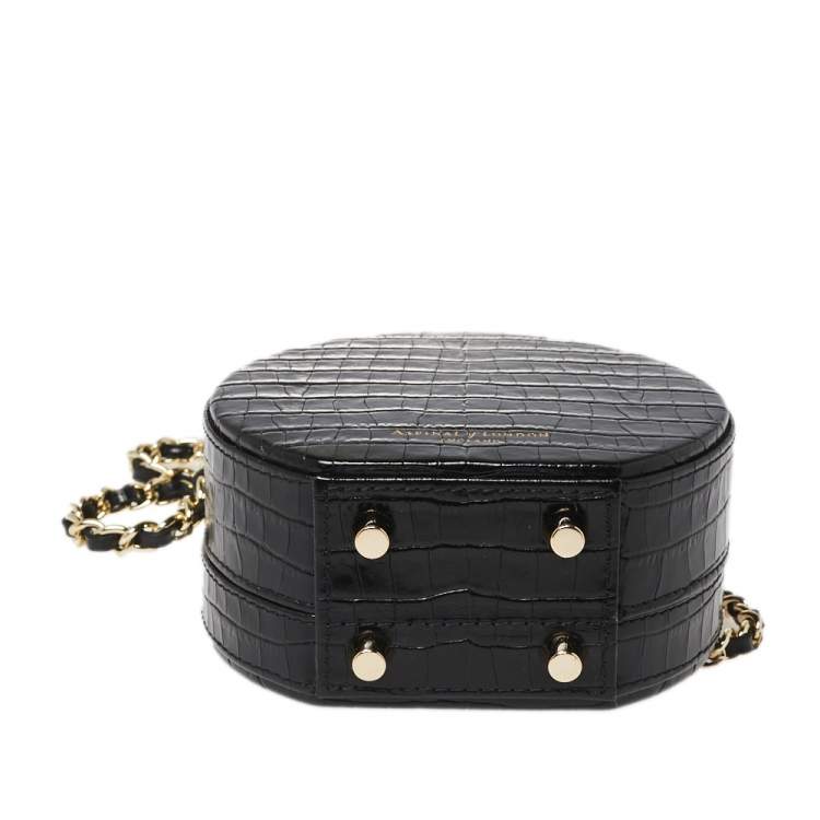 Pre Owned Aspinal Of London Black Croc Embossed Leather Hat Box Shoulder Bag