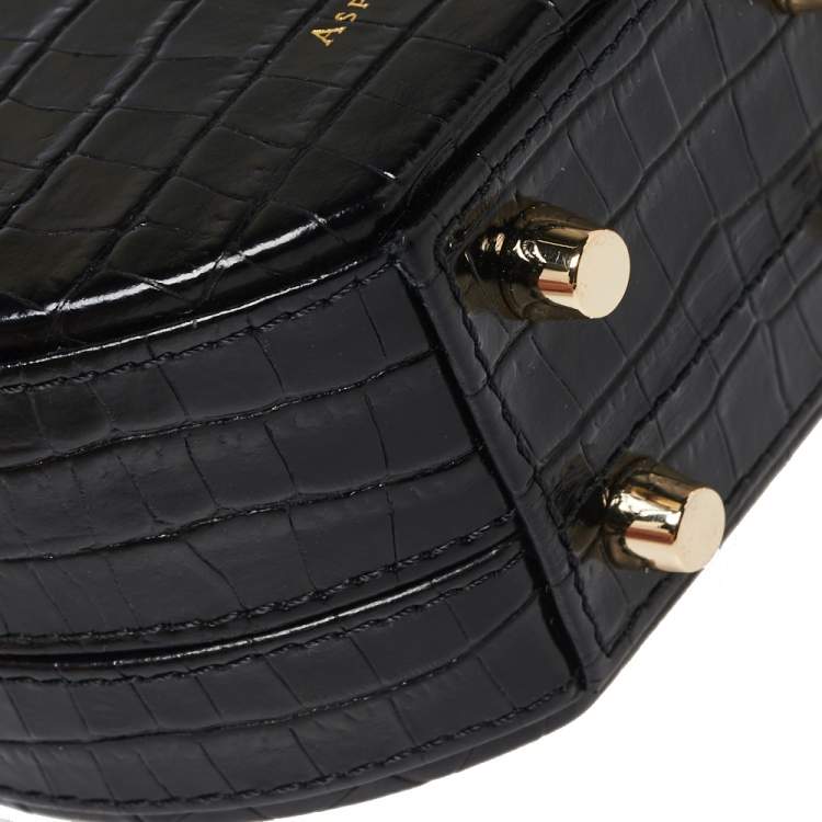 Pre Owned Aspinal Of London Black Croc Embossed Leather Hat Box Shoulder Bag