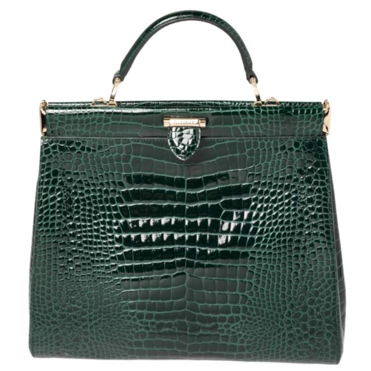 Pre Owned Aspinal Of London Green Croc Embossed Leather Top Handle Bag