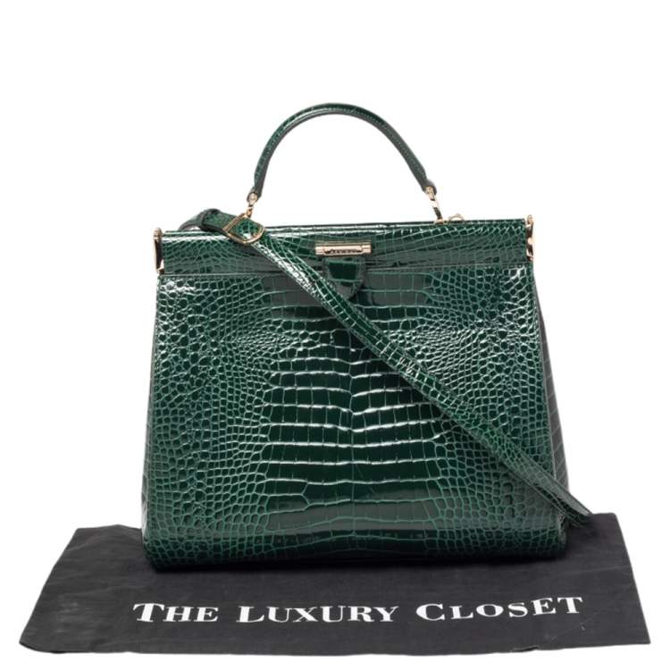 Pre Owned Aspinal Of London Green Croc Embossed Leather Top Handle Bag