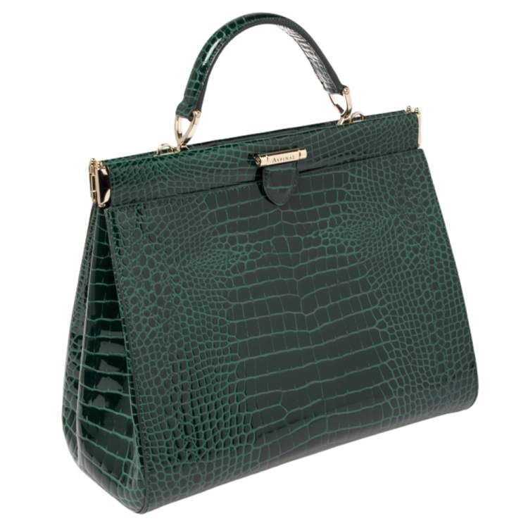 Pre Owned Aspinal Of London Green Croc Embossed Leather Top Handle Bag