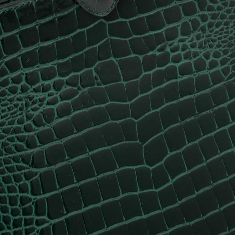 Pre Owned Aspinal Of London Green Croc Embossed Leather Top Handle Bag