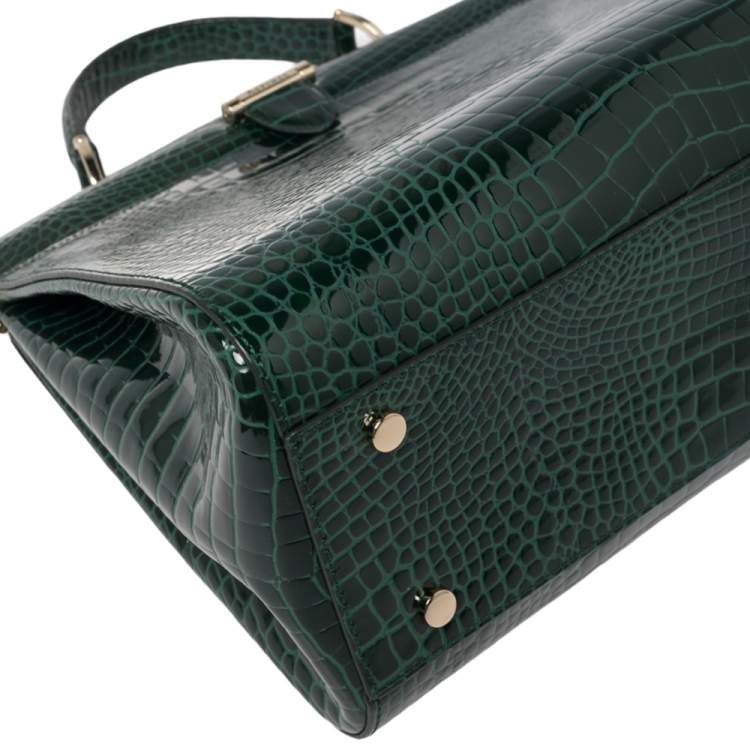 Pre Owned Aspinal Of London Green Croc Embossed Leather Top Handle Bag