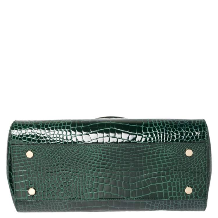 Pre Owned Aspinal Of London Green Croc Embossed Leather Top Handle Bag