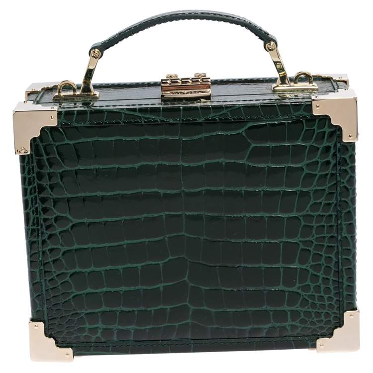 Pre Owned Aspinal of London Green Croc Embossed Leather Trinket Top Handle Bag 