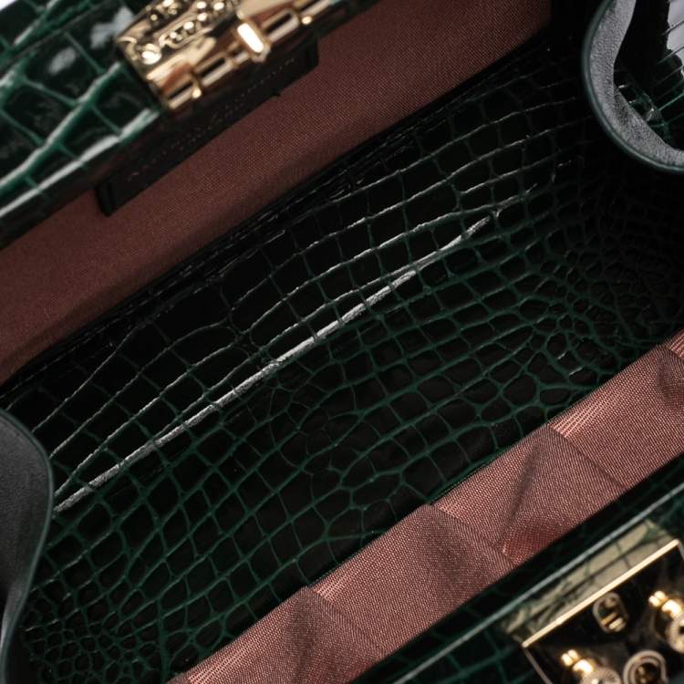 Pre Owned Aspinal of London Green Croc Embossed Leather Trinket Top Handle Bag 