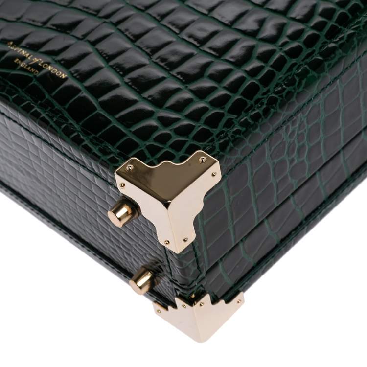 Pre Owned Aspinal of London Green Croc Embossed Leather Trinket Top Handle Bag 
