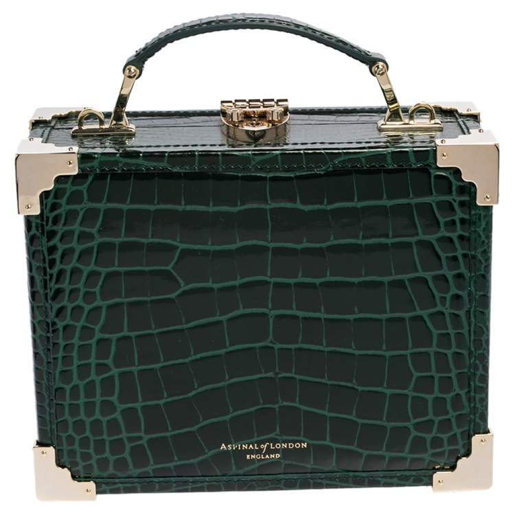 Pre Owned Aspinal of London Green Croc Embossed Leather Trinket Top Handle Bag 
