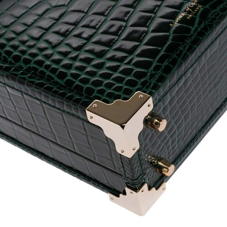 Pre Owned Aspinal of London Green Croc Embossed Leather Trinket Top Handle Bag 