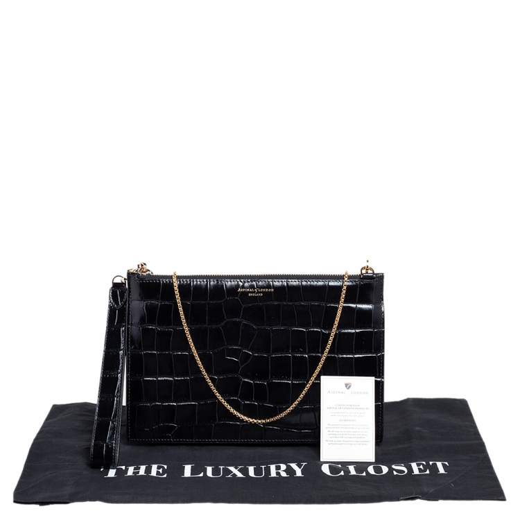 Pre Owned Aspinal Of London Black Croc Embossed Leather Soho Clutch