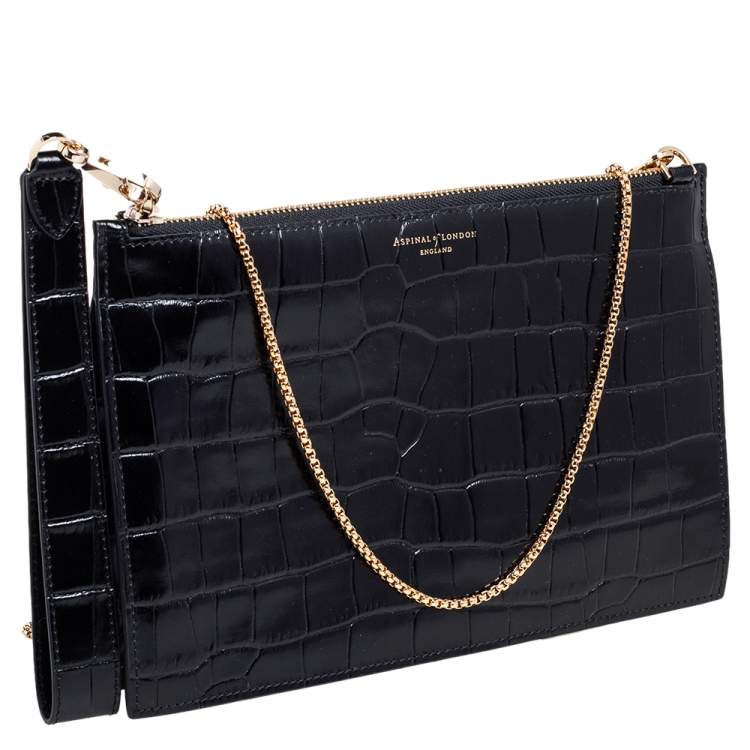 Pre Owned Aspinal Of London Black Croc Embossed Leather Soho Clutch