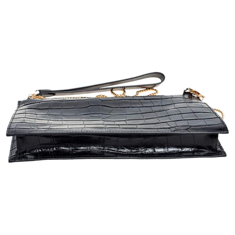 Pre Owned Aspinal Of London Black Croc Embossed Leather Soho Clutch