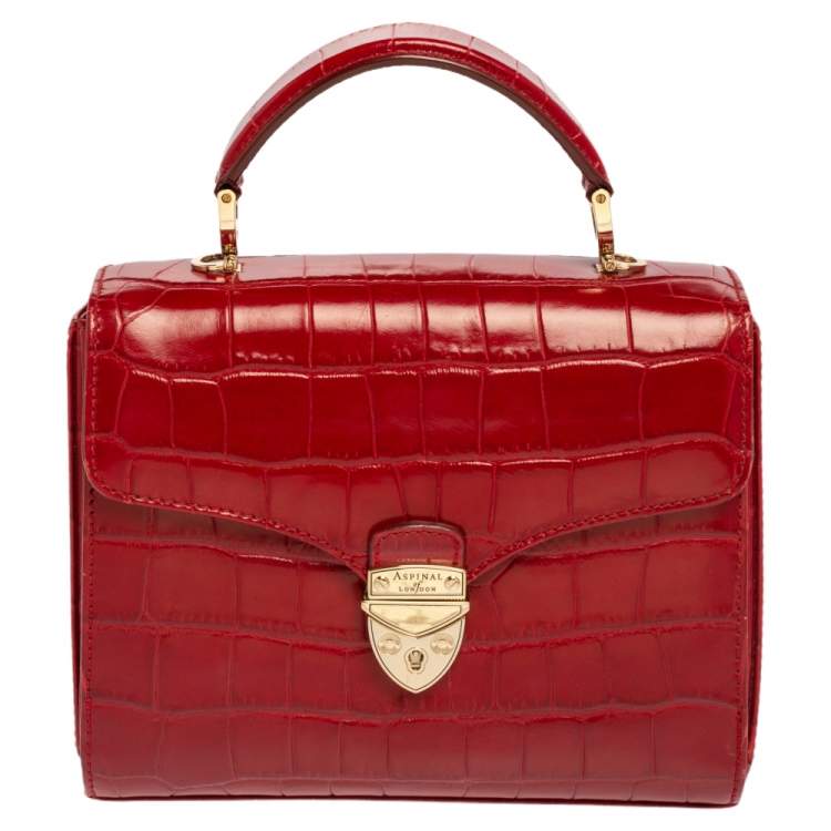 Pre Owned Aspinal of London Red Croc Embossed Leather Small Mayfair Top Handle Bag