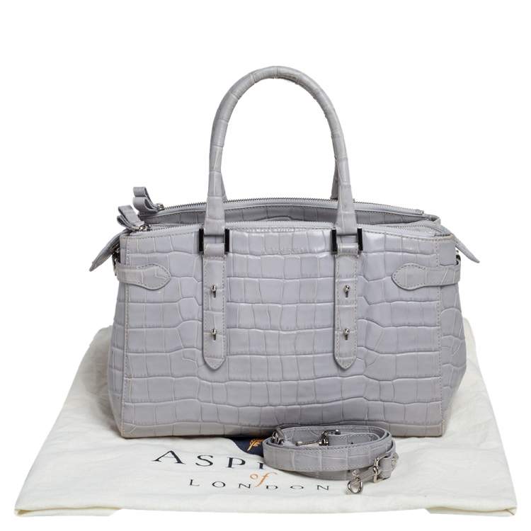 Pre Owned Aspinal Of London Grey Croc Embossed Leather Brook Street Tote