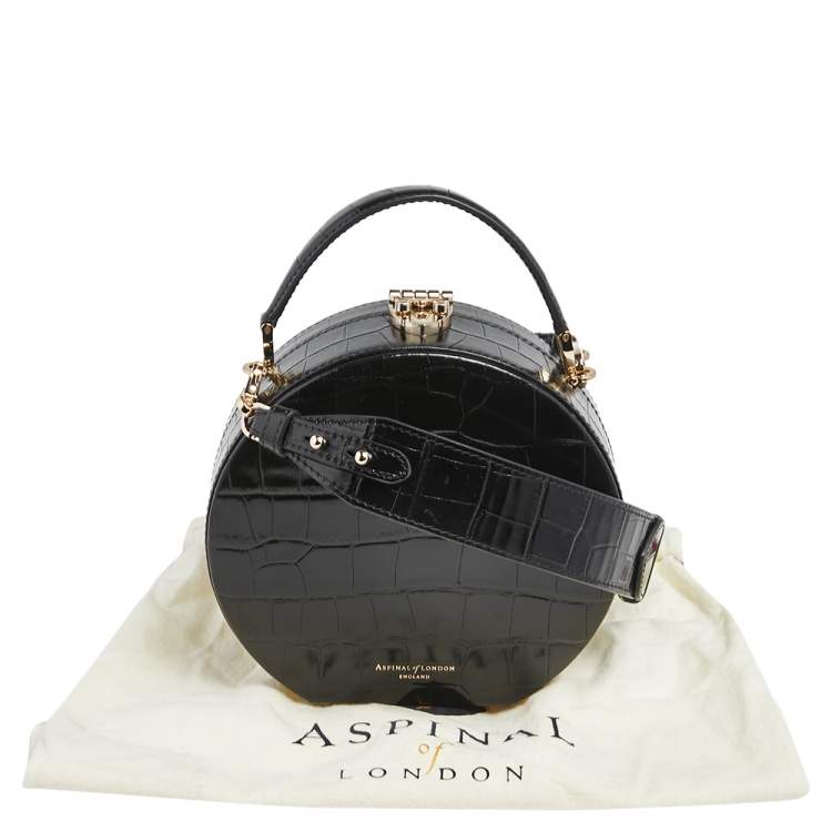 Pre Owned Aspinal Of London Black Croc Embossed Leather Hat Box Shoulder Bag