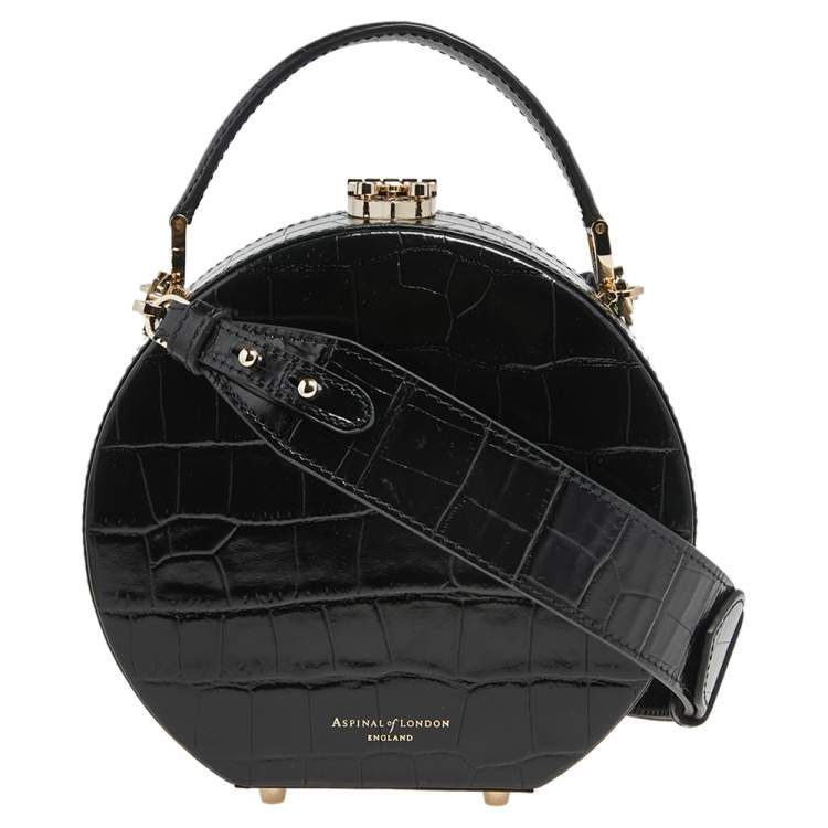 Pre Owned Aspinal Of London Black Croc Embossed Leather Hat Box Shoulder Bag