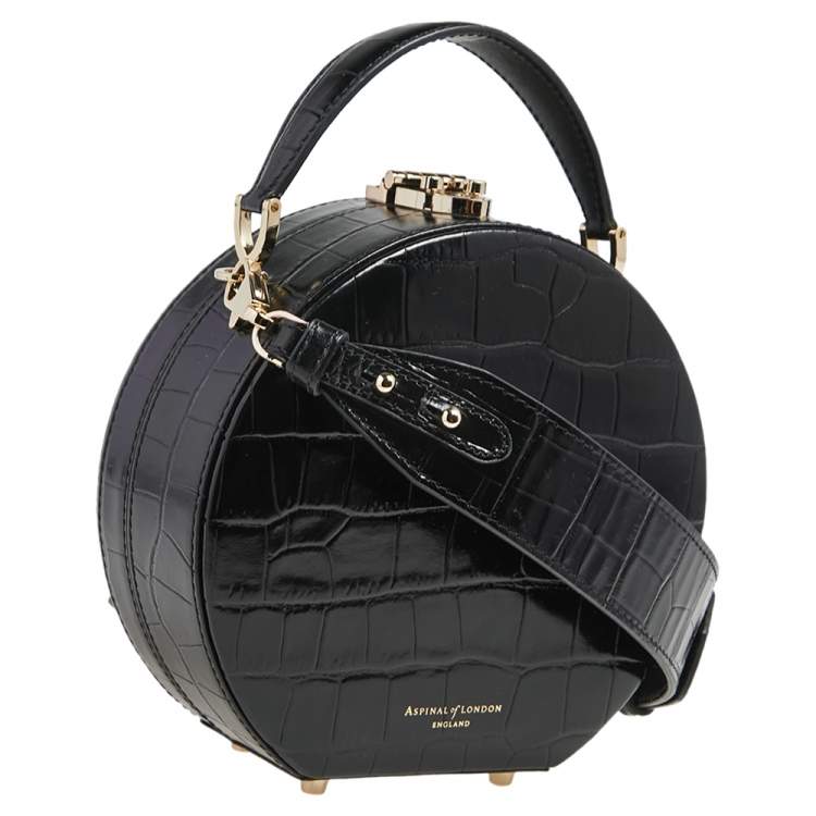 Pre Owned Aspinal Of London Black Croc Embossed Leather Hat Box Shoulder Bag