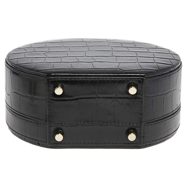 Pre Owned Aspinal Of London Black Croc Embossed Leather Hat Box Shoulder Bag