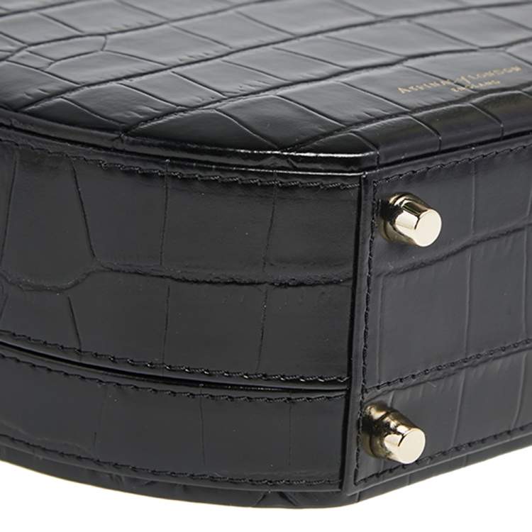 Pre Owned Aspinal Of London Black Croc Embossed Leather Hat Box Shoulder Bag