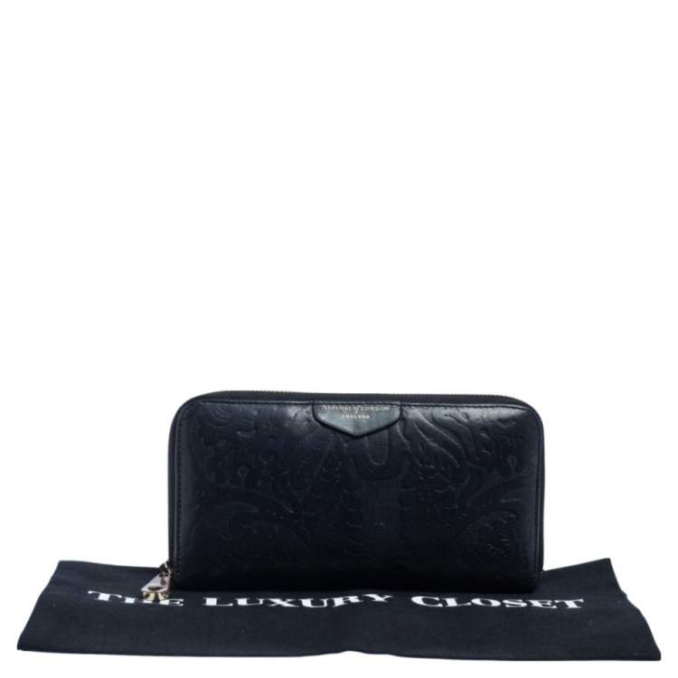 Pre Owned Aspinal Of London Navy Blue Embossed Leather Zip Around Wallet