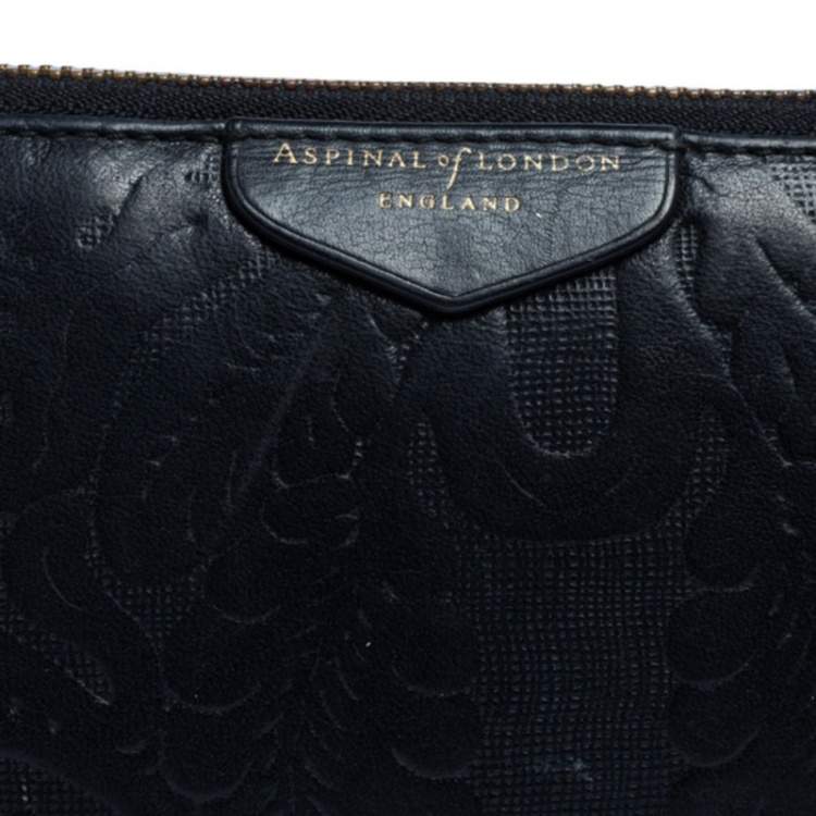 Pre Owned Aspinal Of London Navy Blue Embossed Leather Zip Around Wallet