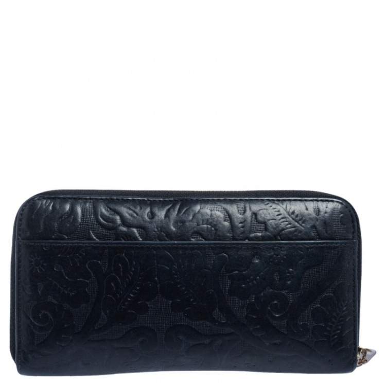 Pre Owned Aspinal Of London Navy Blue Embossed Leather Zip Around Wallet