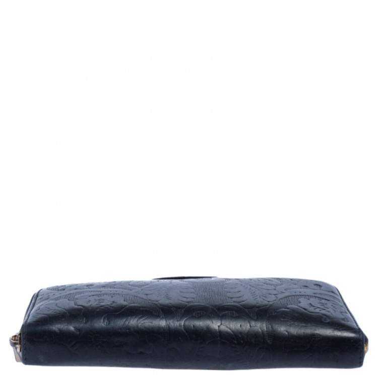 Pre Owned Aspinal Of London Navy Blue Embossed Leather Zip Around Wallet